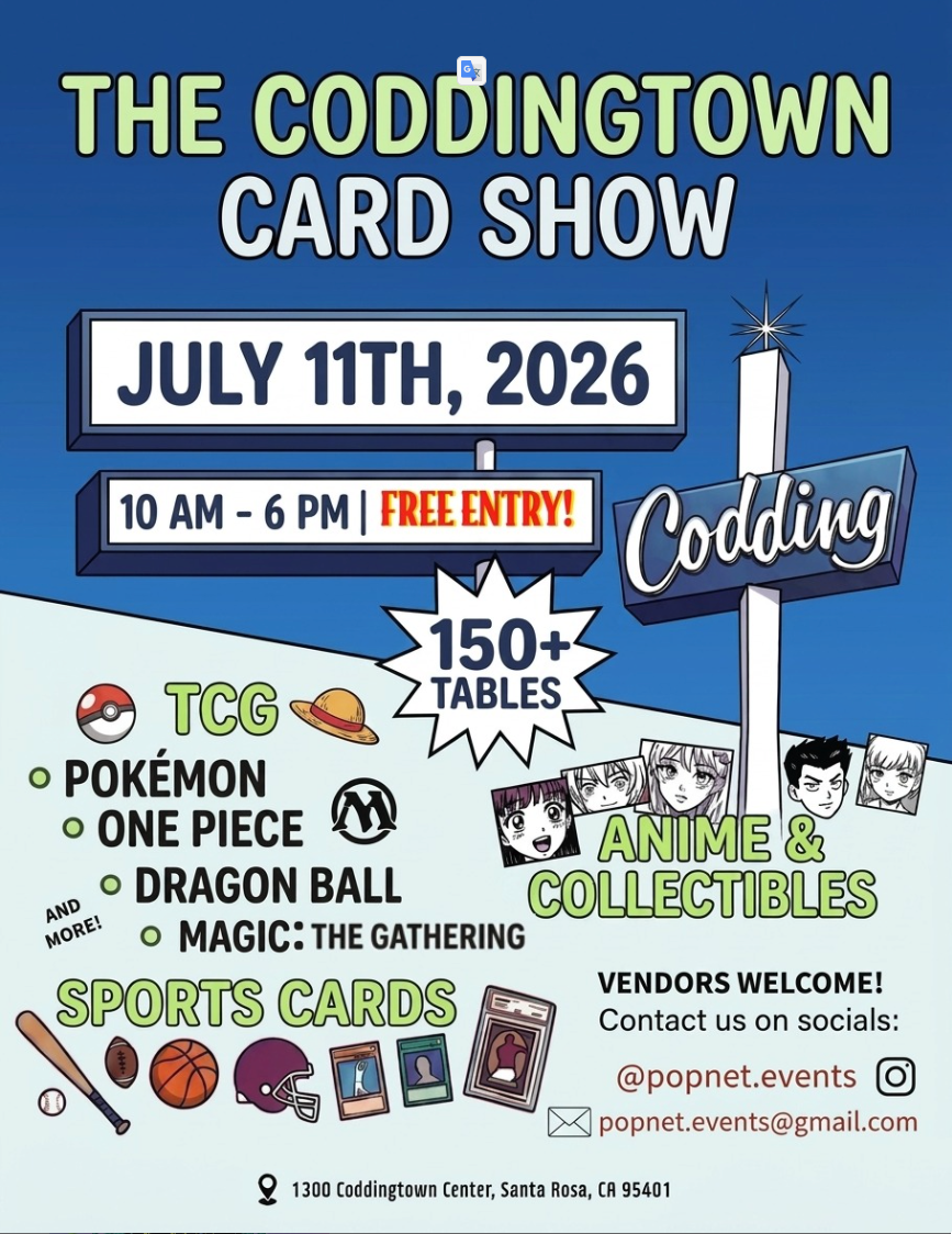 The Coddingtown Card Show flier — hosted by PopNet Events